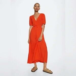 Mango Orange Midi Dress V Neck Short Sleeve Tie Waist Casual Summer‎ Plus 18